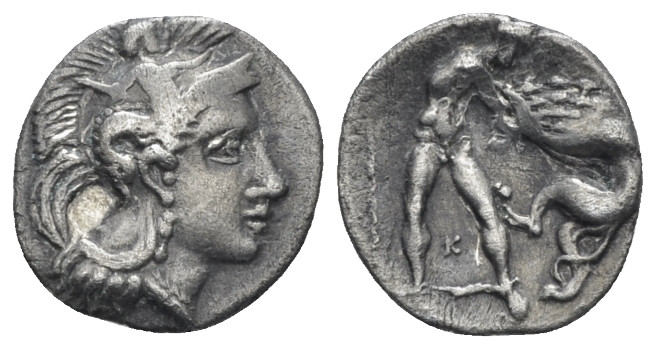 Calabria, Tarentum Diobol circa 380-325, AR 11.00 mm., 0.86 g.
Head of Athena r...