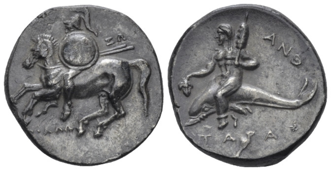 Calabria, Tarentum Nomos circa 280-272, AR 21.00 mm., 6.51 g.
Helmeted horseman...