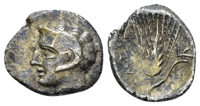 Lucania, Metapontum Diobol circa 300-250, AR 11.00 mm., 0.99 g.
Head of Apollo ...