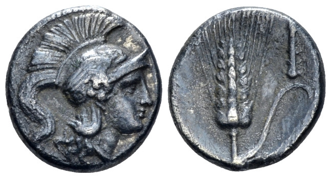 Lucania, Metapontum Drachm circa 280-278, AR 14.00 mm., 3.02 g.
Helmeted head o...