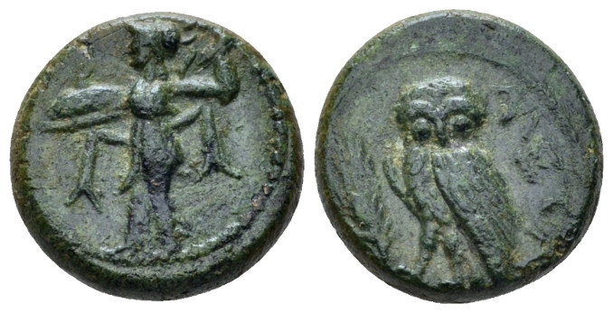 Lucania, Metapontum Bronze circa 225-200, Æ 15.00 mm., 3.86 g.
Athena Alkedeimo...
