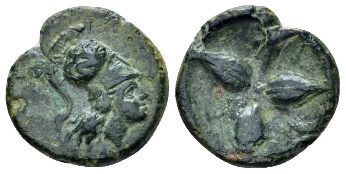 Lucania, Metapontum Bronze circa 300-250, Æ 15.00 mm., 1.78 g.
Helmeted head of...