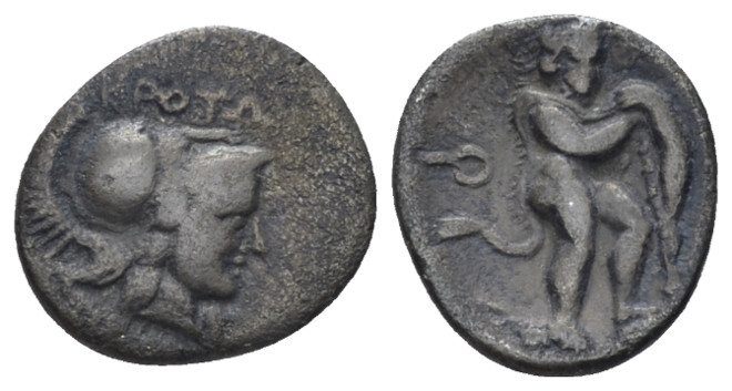 Bruttium, Croton Triobol 300-250, AR 12.00 mm., 1.00 g.
Head of Athena r., wear...