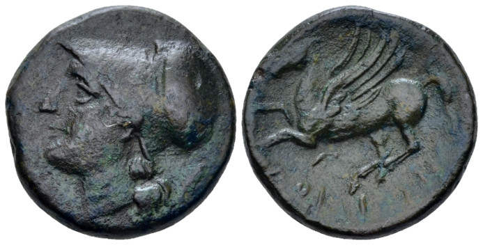 Bruttium, Locri Bronze circa 300-268, Æ 21.00 mm., 9.93 g.
Helmeted head of Ath...