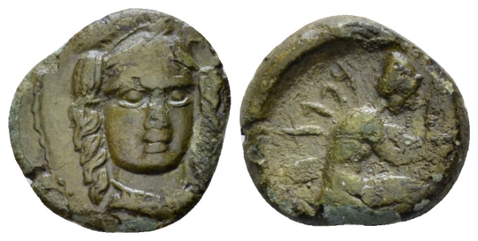 Sicily, Solus Tetras circa 400, Æ 14.00 mm., 1.17 g.
Head of Athena facing slig...