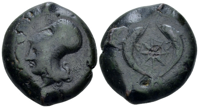 Sicily, Syracuse Drachm circa 375-345, Æ 31.00 mm., 30.65 g.
Head of Athena l.,...