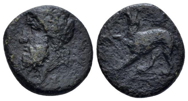 Sicily, Syracuse Bronze circa 344-332, Æ 15.00 mm., 2.93 g.
Bearded and laureat...