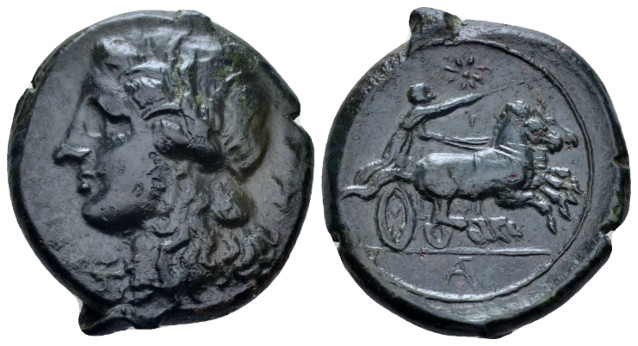 Sicily, Syracuse Bronze circa 287-278, Æ 22.00 mm., 9.38 g.
Head of Kore-Persep...