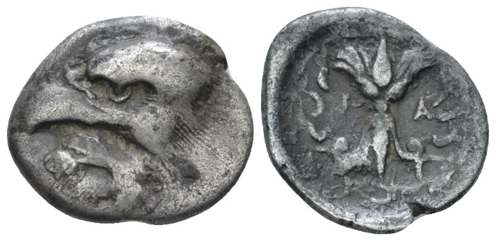Elis, Olympia Hemidrachm circa 416-404, AR 17.00 mm., 2.76 g.
Head of eagle l.;...