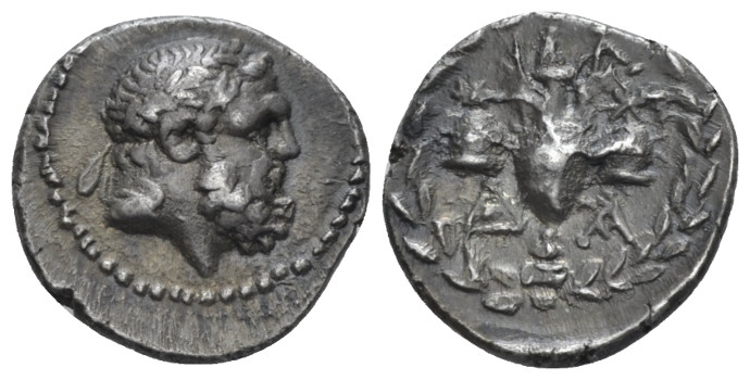 Laconia, Sparta Triobol II-I century BC, AR 15.00 mm., 2.45 g.
Laureate head of...