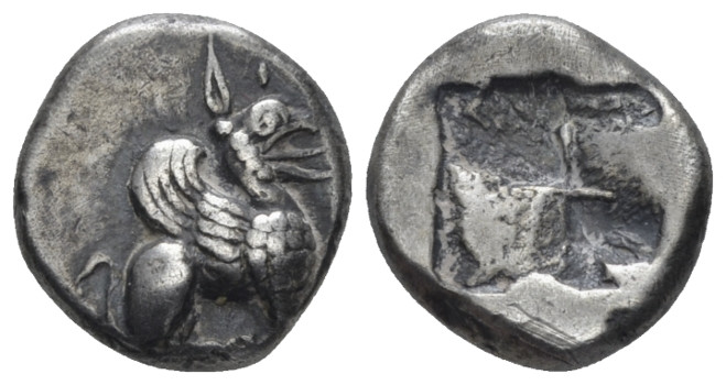 Ionia, Teos Triobol circa 510-475, AR 13.00 mm., 2.96 g.
Griffin seated r. Rev....