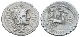 L. Porcius Licinius, Licinius Crassus and Cn. Domitius Ahenobarbus Denarius serratus circa 118 (Starting Bid £ 35)