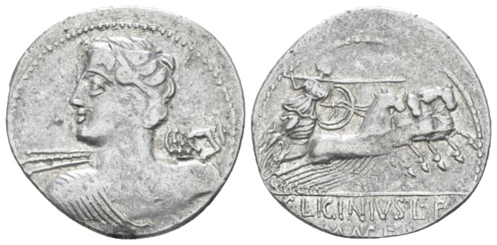 C. Licinius L.f. Macer. Denarius circa 84, AR 21.20 mm., 3.71 g.
Bust of Apollo...