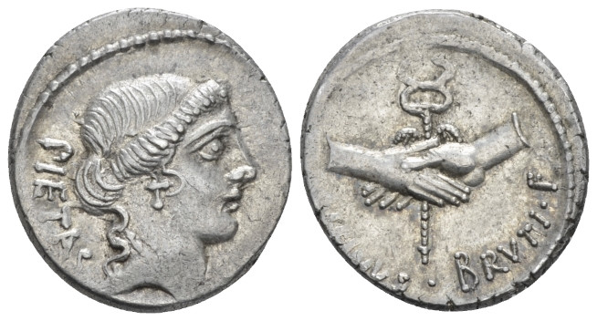 D. Iunius Brutus Albinus. Denarius circa 48, AR 17.90 mm., 3.99 g.
PIETAS Head ...