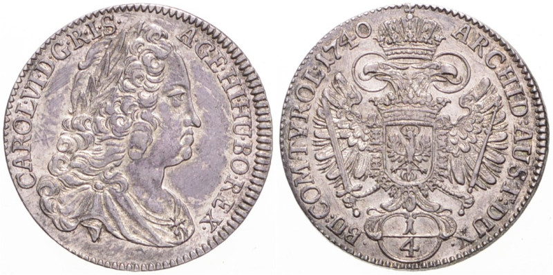 CHARLES VI (1711 - 1740)
 1/4 Thaler 1740 Hall Hall. Her 588 7.23 g. about UNC ...