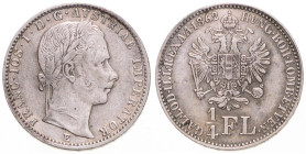 FRANZ JOSEPH I (1848 - 1916)
 1/4 Gulden 1862 E E. Früh 1539 5.32 g. about EF | EF