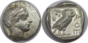 Griechische Münzen, ATTICA. Athen. Um 454-404 v. Chr. AR Tetradrachme (17,18 g. 24 mm). Vs.: Behelmter Kopf der Athene r. mit Stirnauge. Rs.: AΘE, Eul...
