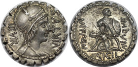 Römische Münzen, MÜNZEN DER RÖMISCHEN REPUBLIK. Mn. Aquillius Mn.f. Mn.n. 65 v. Chr. AR Denar (Serratus) (3,84 g. 19 mm). Münzstätte Rom. Vs.: Behelmt...