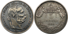 RDR – Habsburg – Österreich, KAISERREICH ÖSTERREICH. Österreich-Ungarn. Franz Joseph I. 5 Korona 1900 KB. 24,0 g. 0.900 Silber. 0.69 OZ. KM 488. Sehr ...