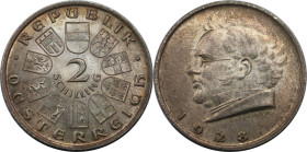 RDR – Habsburg – Österreich, REPUBLIK ÖSTERREICH. 100 Jahre Franz Schubert. 2 Schilling 1928. 12,0 g. 0.640 Silber. 0.25 OZ. KM 2843. Stempelglanz, Pa...