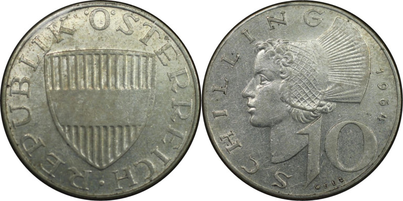 RDR – Habsburg – Österreich, REPUBLIK ÖSTERREICH. 10 Schilling 1964. Silber. KM ...