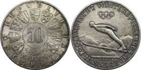 RDR – Habsburg – Österreich, REPUBLIK ÖSTERREICH. IX Olympische Winterspiele, Innsbruck. 50 Schilling 1964. 20,0 g. 0.900 Silber. 0.58 OZ. KM 2896. Vo...