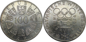 RDR – Habsburg – Österreich, REPUBLIK ÖSTERREICH. XII. Olympische Winterspiele, Innbruck 1976. 100 Schilling 1974. 24,0 g. 0.640 Silber. 0.49 OZ. KM 2...
