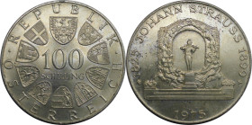 RDR – Habsburg – Österreich, REPUBLIK ÖSTERREICH. 150. Geburtstag von Johann Strauß. 100 Schilling 1975. 24,0 g. 0.640 Silber. 0.49 OZ. KM 2923. Stemp...