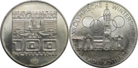 RDR – Habsburg – Österreich, REPUBLIK ÖSTERREICH. XII. Olympische Winterspiele, Innsbruck 1976. 100 Schilling 1975. 24,0 g. 0.640 Silber. 0.49 OZ. KM ...