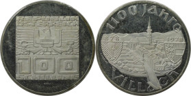 RDR – Habsburg – Österreich, REPUBLIK ÖSTERREICH. 1100 Jahre Villach. 100 Schilling 1978. 24,0 g. 0.640 Silber. 0.49 OZ. KM 2940. Polierte Platte...