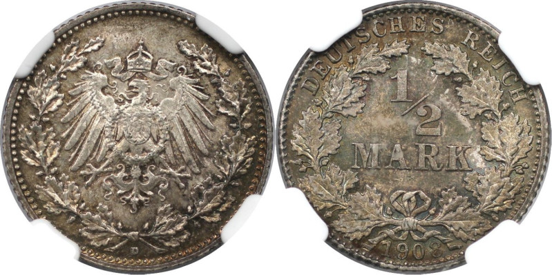 Deutsche Münzen und Medaillen ab 1871, REICHSKLEINMÜNZEN. 1/2 Mark 1908 D. Silbe...
