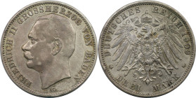 Deutsche Münzen und Medaillen ab 1871, REICHSSILBERMÜNZEN, Baden, Friedrich II. (1907-1918). 3 Mark 1909 G. Silber. Jaeger 39. Sehr schön