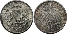 Deutsche Münzen und Medaillen ab 1871, REICHSSILBERMÜNZEN, Bremen. 2 Mark 1904 J. Silber. Jaeger 59, AKS 19. Stempelglanz