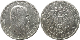 Deutsche Münzen und Medaillen ab 1871, REICHSSILBERMÜNZEN, Württemberg, Wilhelm II. (1891-1918). 5 Mark 1895 F. Silber. Jaeger 176. Sehr schön