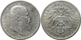 Deutsche Münzen und Medaillen ab 1871, REICHSSILBERMÜNZEN, Württemberg, Wilhelm II. (1891-1918). 5 Mark 1907 F. Silber. Jaeger 176. Sehr schön