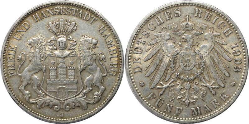 Deutsche Münzen und Medaillen ab 1871, REICHSSILBERMÜNZEN, Hamburg. 5 Mark 1903 ...
