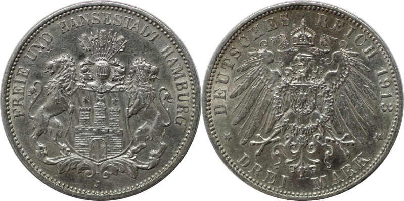 Deutsche Münzen und Medaillen ab 1871, REICHSSILBERMÜNZEN, Hamburg. 3 Mark 1913 ...