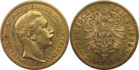 Deutsche Münzen und Medaillen ab 1871, REICHSGOLDMÜNZEN. Preußen. Wilhelm II. (1888-1918). 20 Mark 1889 A. Gold. 7,91 g. Jaeger 250. Sehr schön-vorzüg...