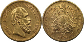 Deutsche Münzen und Medaillen ab 1871, REICHSGOLDMÜNZEN, Wurttemberg. Karl (1864-1891). 20 Mark 1873 F, Stuttgart. Vs.: Kopf nach rechts, darunter Mün...