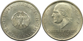 Deutsche Münzen und Medaillen ab 1871, WEIMARER REPUBLIK. Gotthold Ephraim Lessing. 5 Reichsmark 1929 D. Silber. Jaeger 336. Vorzüglich-Stempelglanz