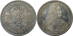 Deutsche Münzen und Medaillen ab 1945, BUNDESREPUBLIK DEUTSCHLAND. Markgraf von Baden. 5 Mark 1955 G. Silber. Jaeger 390. Vorzüglich-Stempelglanz