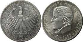 Deutsche Münzen und Medaillen ab 1945, BUNDESREPUBLIK DEUTSCHLAND. 100. Todestag von Joseph Freiherr von Eichendorff (1788-1857). 5 Mark 1957 J. Silbe...