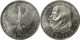 Deutsche Münzen und Medaillen ab 1945, BUNDESREPUBLIK DEUTSCHLAND. 5 Mark 1964 J, 150. Todestag Fichtes. Silber. Jaeger 393. Fast Stempelglanz. Kl.Kra...