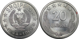 Europäische Münzen und Medaillen, Albanien / Albania. 25 Jahre Befreiung. 20 Qindarka 1969. Aluminium. KM 46. Stempelglanz