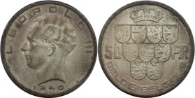 Europäische Münzen und Medaillen, Belgien / Belgium. Leopold III. 50 Francs 1940. 20,0 g. 0.835 Silber. 0.54 OZ. KM 122.1. Fast Stempelglanz