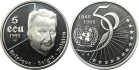 Europäische Münzen und Medaillen, Belgien / Belgium. 50 Jahre UNO. 5 Ecu 1995. 22,85 g. 0.925 Silber. 0.68 OZ. KM 200. Polierte Platte