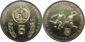 Europäische Münzen und Medaillen, Bulgarien / Bulgaria. Fußball-Weltmeisterschaft 1982, Spanien. 5 Lewa 1980. Kupfer-Nickel. KM 109. Polierte Platte...