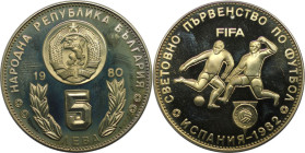Europäische Münzen und Medaillen, Bulgarien / Bulgaria. Fußball-Weltmeisterschaft 1982, Spanien. 5 Lewa 1980. Kupfer-Nickel. KM 109. Polierte Platte...