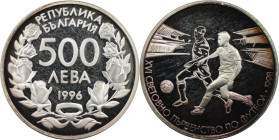 Europäische Münzen und Medaillen, Bulgarien / Bulgaria. XVI. Fußball-WM. 500 Lewa 1996. 10,0 g. 0.925 Silbe. 0.3 OZ. KM 219. Polierte Platte