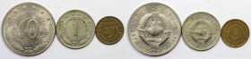 Europäische Münzen und Medaillen, Jugoslawien / Yugoslavia, Lots und Sammlungen. 5 Para 1965, 1 Dinar 1974, 10 Dinar 1977. Lot von 3 Münzen. Bild anse...